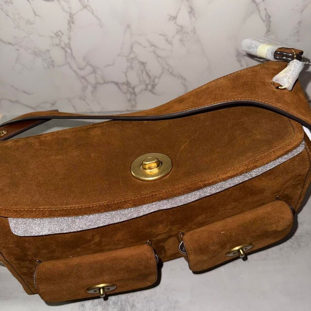 Coach Turnlock Haversack Bag Brown Suede - Picture 5 of 8